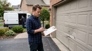 Homeowner checking an estimate to avoid garage door repair scams