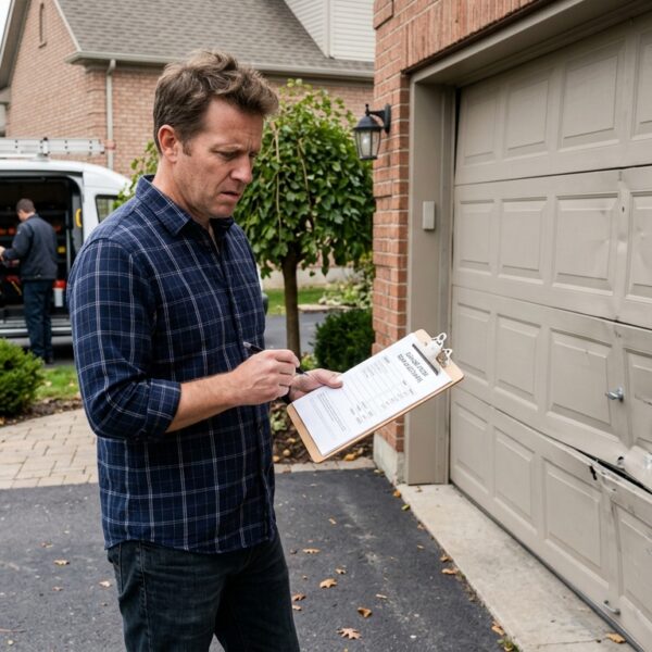 Homeowner checking an estimate to avoid garage door repair scams