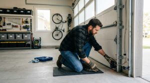 Homeowner checking garage door safety sensors near the bottom track