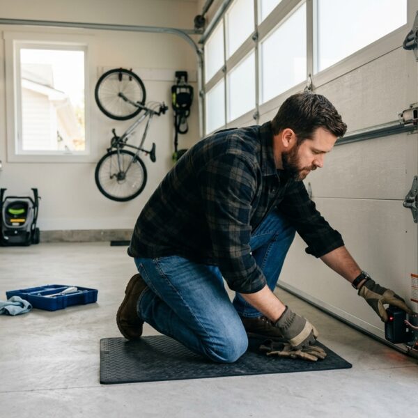 Homeowner checking garage door safety sensors near the bottom track