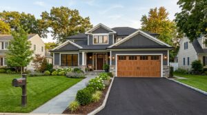 Modern home with a new garage door showing strong curb appeal and replacement value