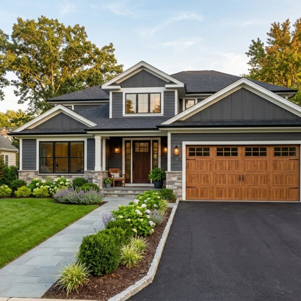 Modern home with a new garage door showing strong curb appeal and replacement value