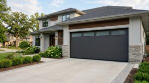 Modern insulated garage door on an attached home for better comfort and energy efficiency