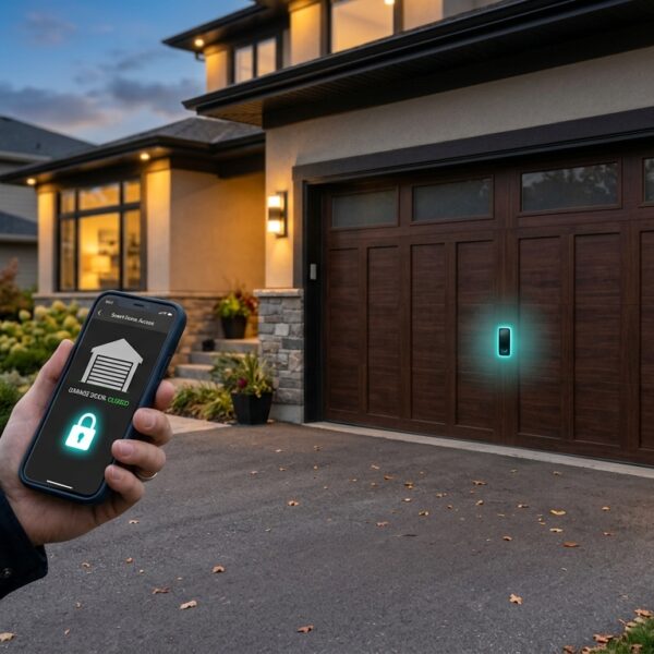 Smart garage door security with app-controlled opener and closed garage door