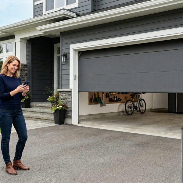 Smart garage door subscriptions 2026 guide showing homeowner using garage door opener app.