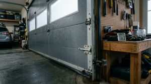 Condensation droplets and early rust forming on the inside of a steel garage door