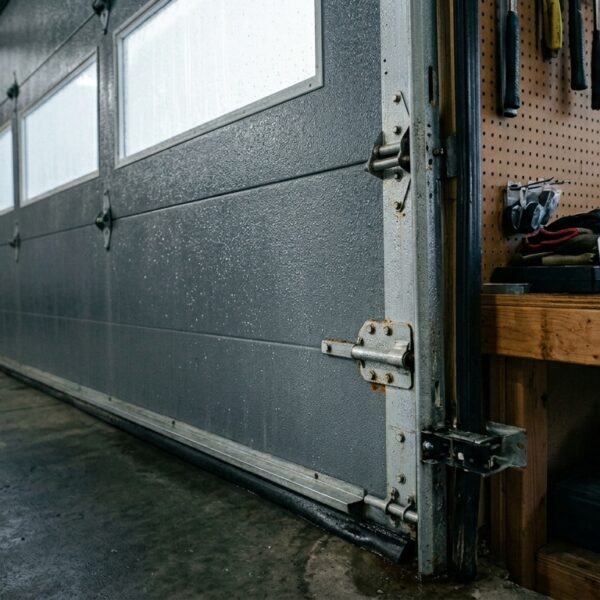 Condensation droplets and early rust forming on the inside of a steel garage door