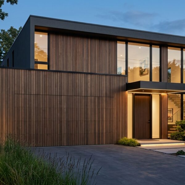 Hidden garage door blended into a modern home exterior with seamless curb appeal
