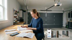 Homeowner reviewing garage door warranty documents, receipts, and product information
