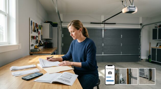 Homeowner reviewing garage door warranty documents, receipts, and product information