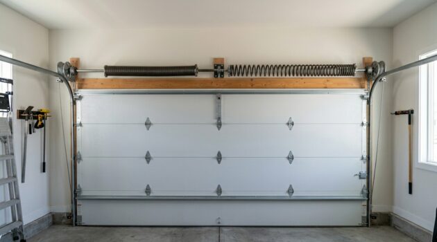 Standard and high-cycle torsion springs compared above a residential garage door