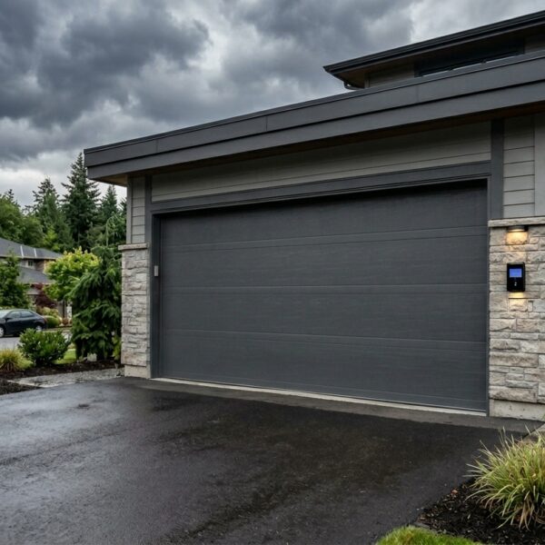 Storm-ready garage door with reinforced panels and smart opener features