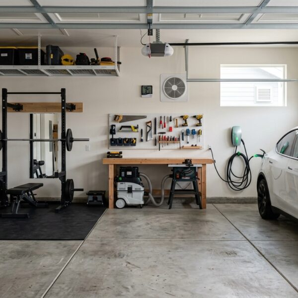 Ventilated garage with a home gym, workshop, and electric vehicle charging area