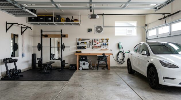 Ventilated garage with a home gym, workshop, and electric vehicle charging area