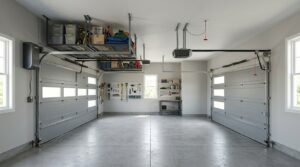 Wall-mount and ceiling-mount garage door openers installed in a modern residential garage
