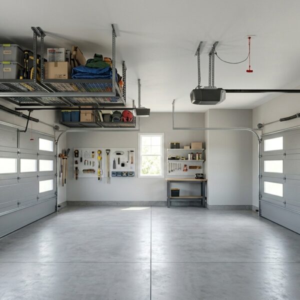 Wall-mount and ceiling-mount garage door openers installed in a modern residential garage