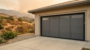 Wildfire-ready metal garage door with sealed edges and a clear ember-resistant area