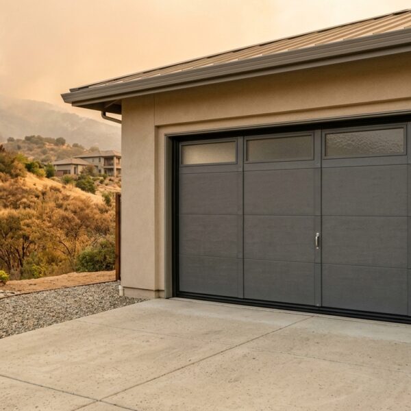 Wildfire-ready metal garage door with sealed edges and a clear ember-resistant area