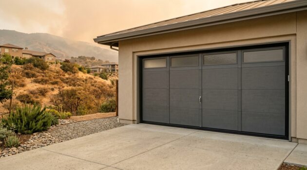 Wildfire-ready metal garage door with sealed edges and a clear ember-resistant area