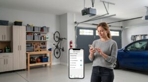 homeowner checking smart garage door camera privacy settings