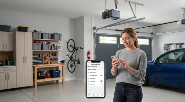 homeowner checking smart garage door camera privacy settings