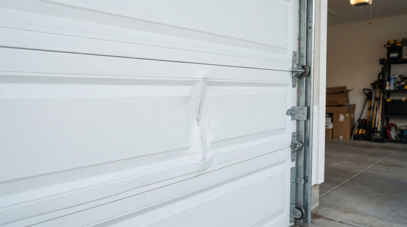 Damaged garage door panel being inspected for replacement