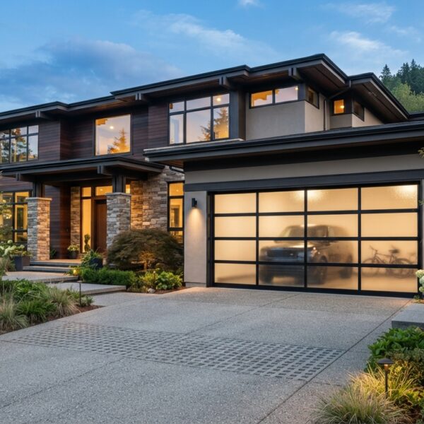 Full-view glass garage door on modern home