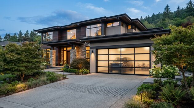 Full-view glass garage door on modern home