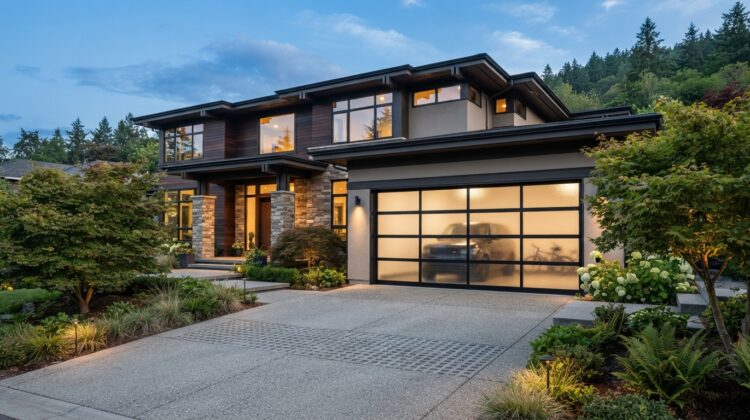 Full-view glass garage door on modern home