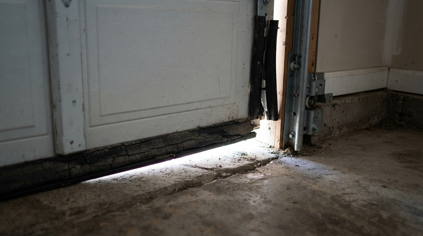 Garage door bottom corner gap caused by worn seal