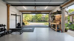 Garage door screen for home gym and workshop