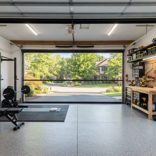 Garage door screen for home gym and workshop