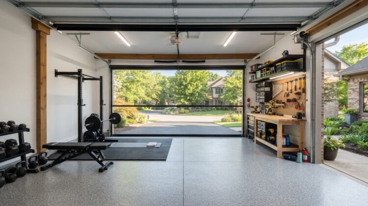 Garage door screen for home gym and workshop
