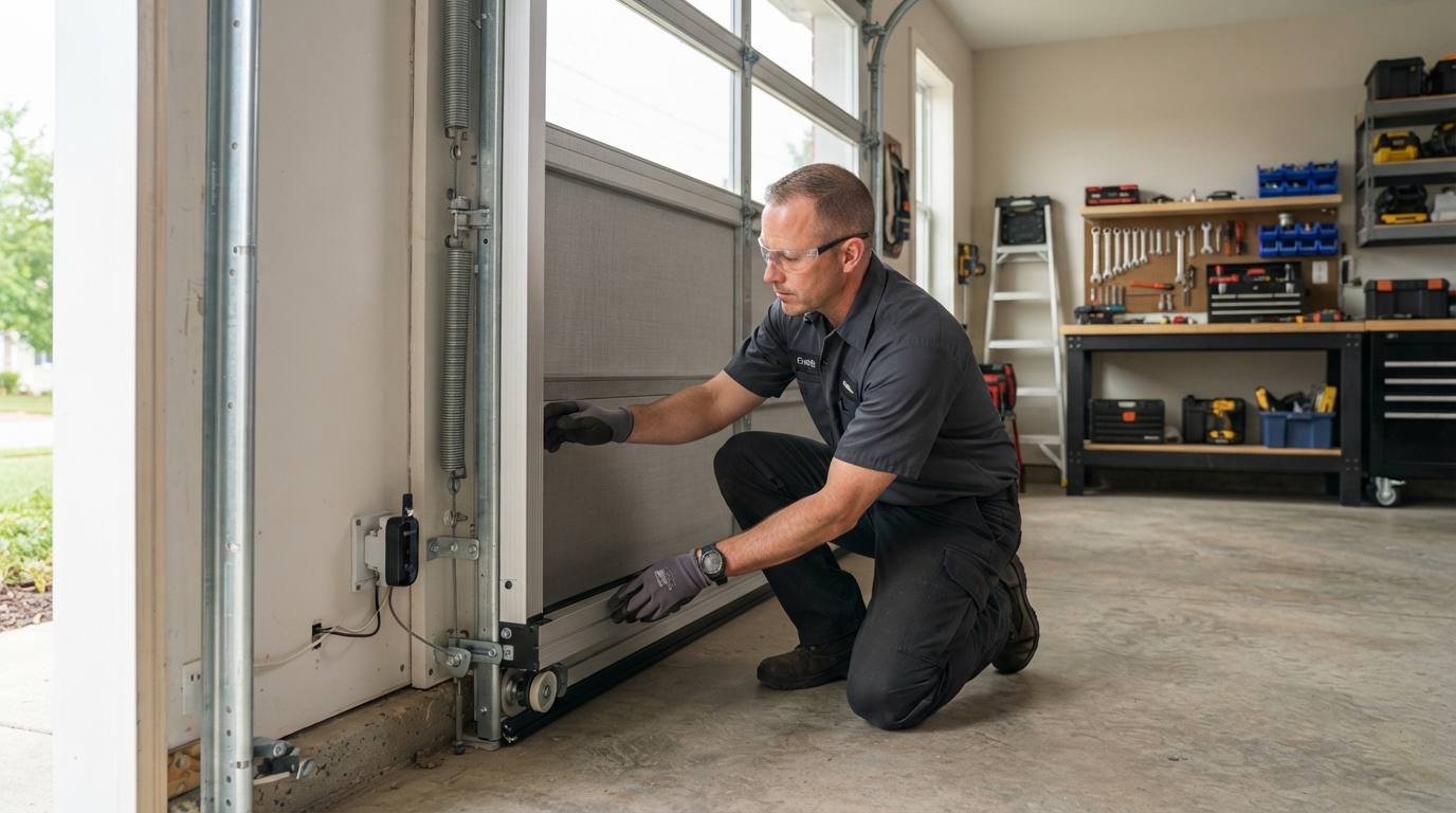 Garage door screen installed around existing door tracks