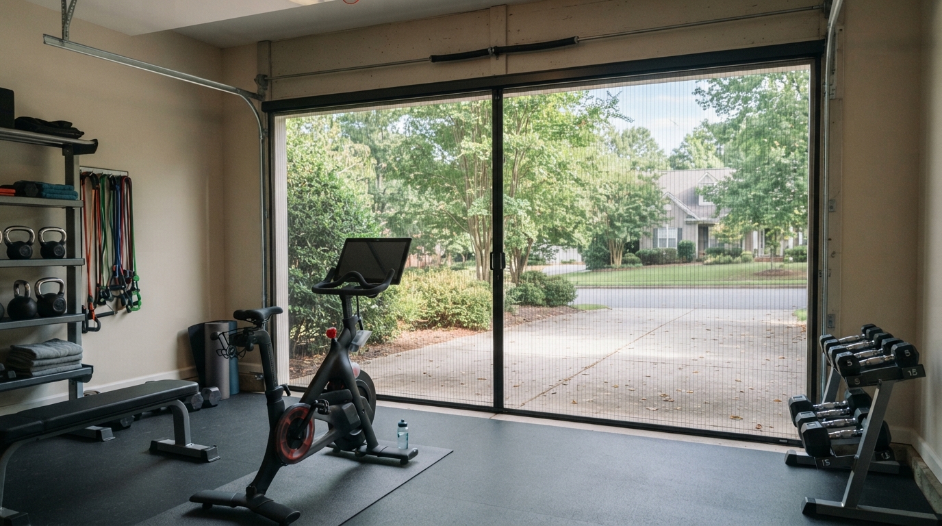 Garage door screen providing airflow for home gym