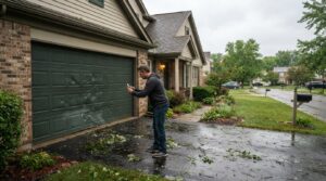 Garage door storm damage being documented for an insurance claim in 2026