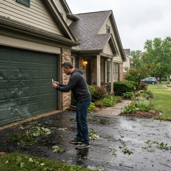 Garage door storm damage being documented for an insurance claim in 2026