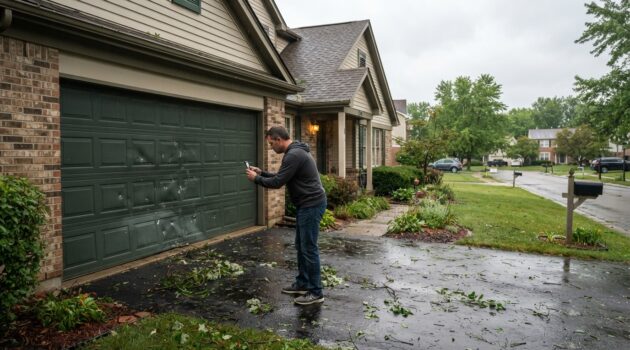 Garage door storm damage being documented for an insurance claim in 2026