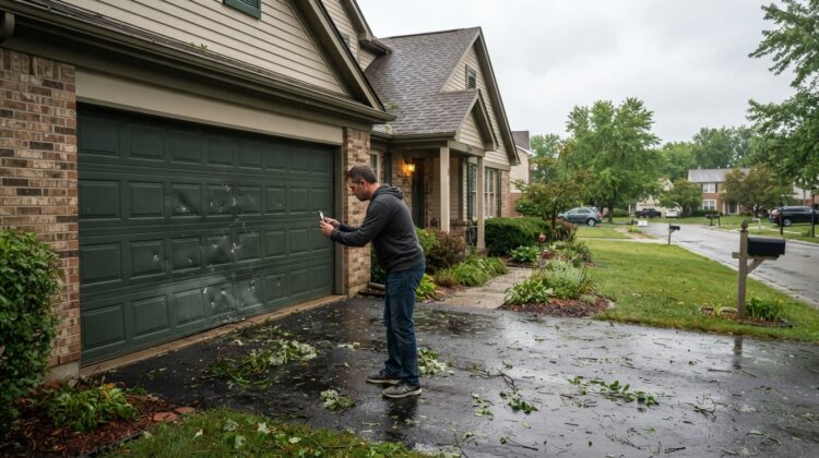Garage door storm damage being documented for an insurance claim in 2026