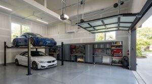High-lift garage door conversion with car lift