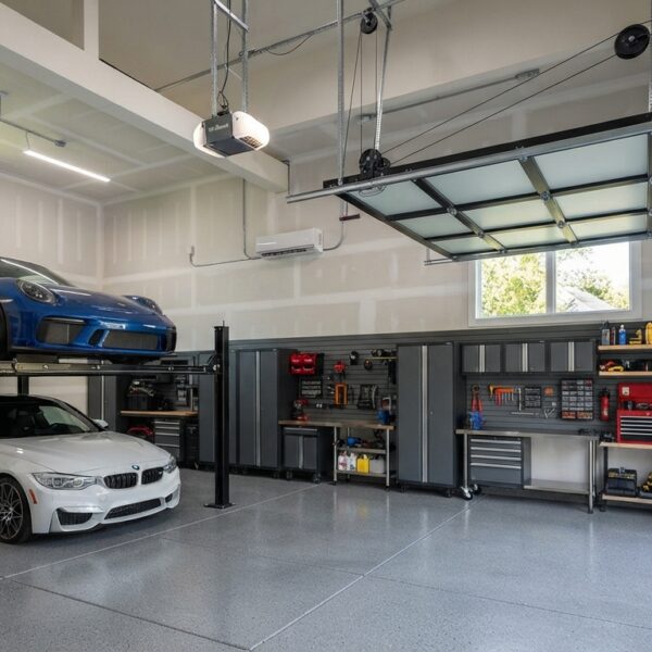High-lift garage door conversion with car lift