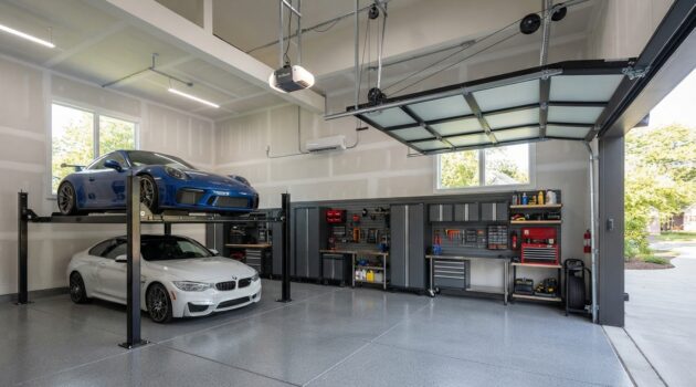 High-lift garage door conversion with car lift