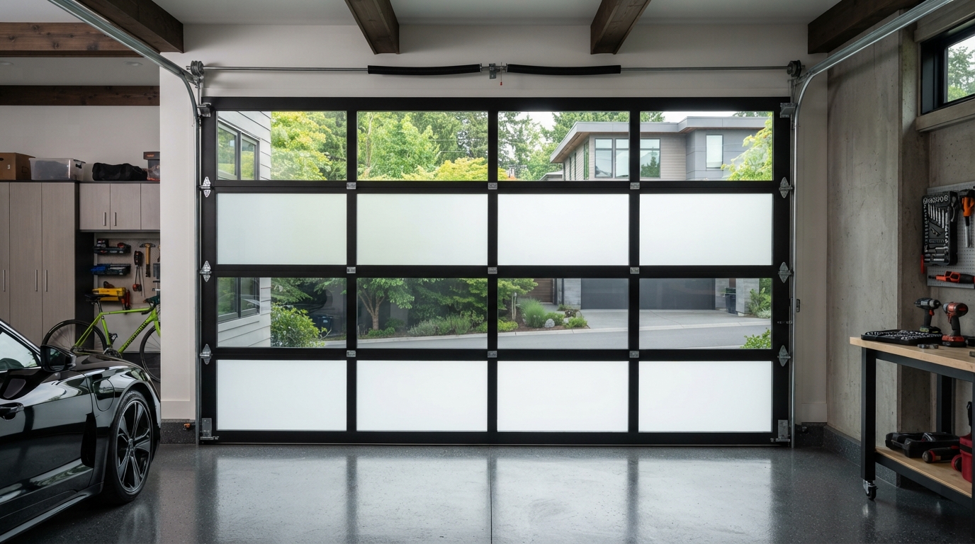 Privacy glass options for full-view garage doors