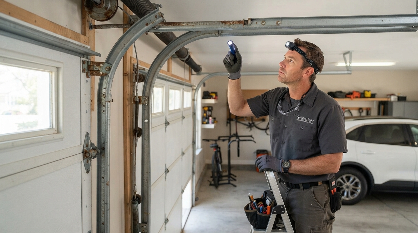 Technician inspecting corroded coastal garage door hardware