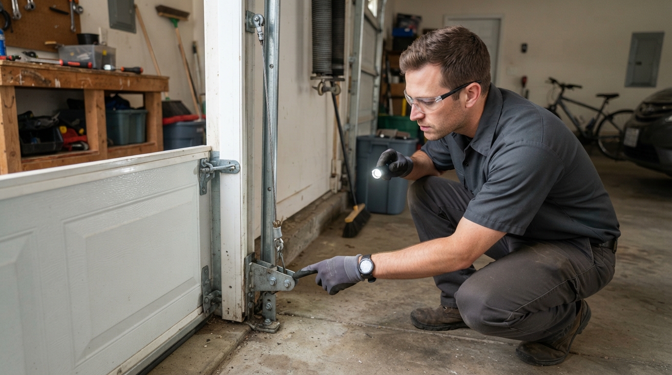 Technician inspecting garage door panel and bottom hardware