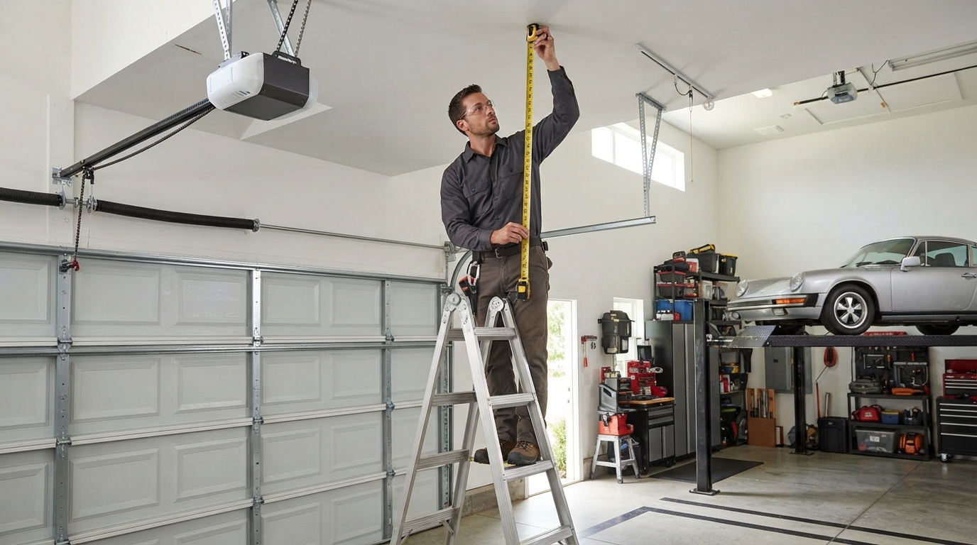 Technician measuring garage for high-lift door conversion