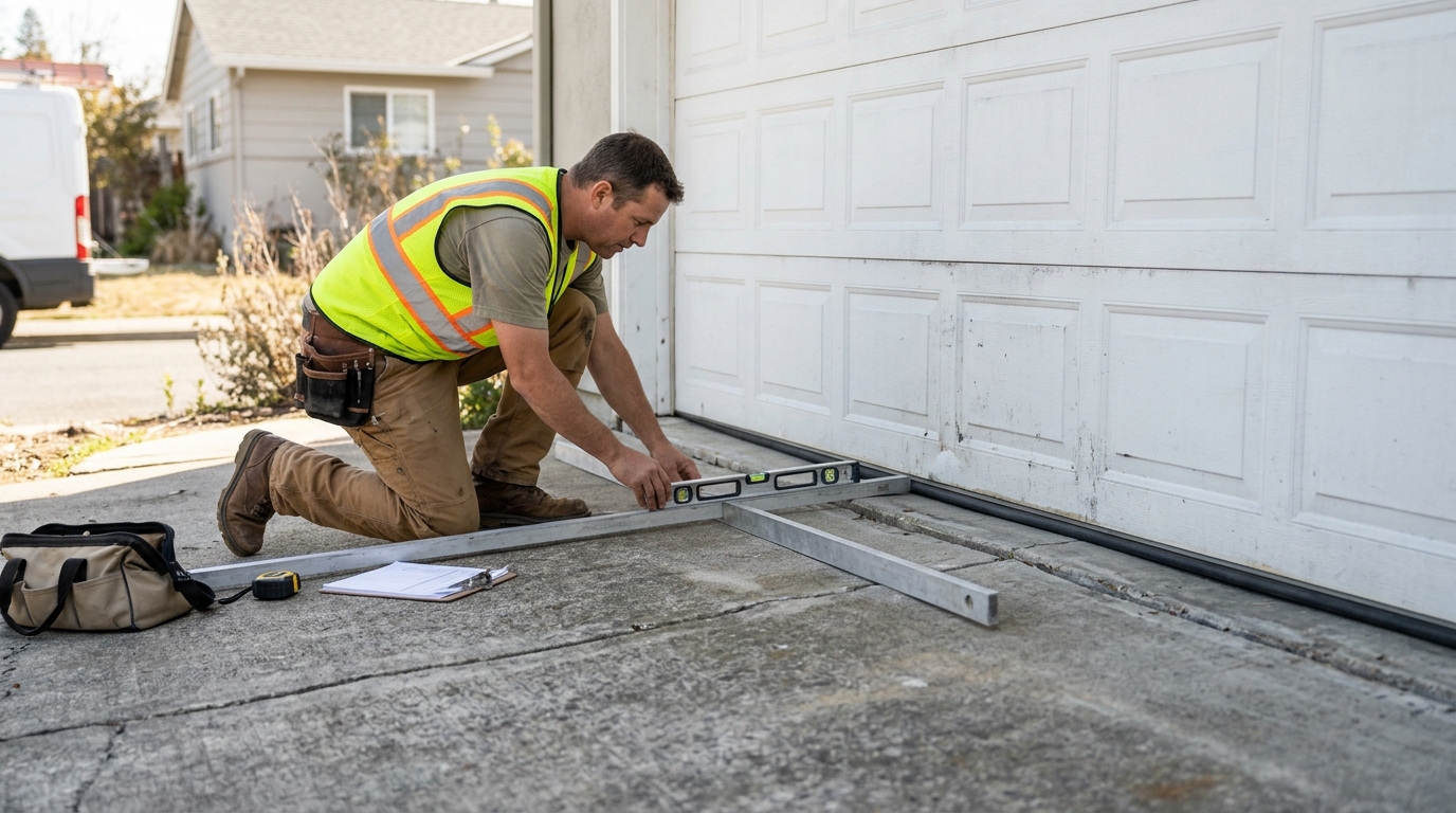 Contractor assessing an uneven garage threshold and drainage slope before door seal repairs