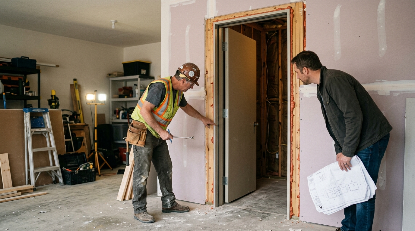 Contractor checking garage-to-house pass-through framing and fire separation