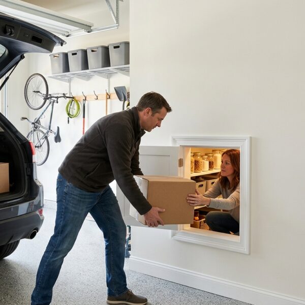 Costco door trend 2026 with a garage-to-pantry grocery pass-through