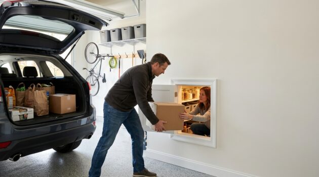 Costco door trend 2026 with a garage-to-pantry grocery pass-through